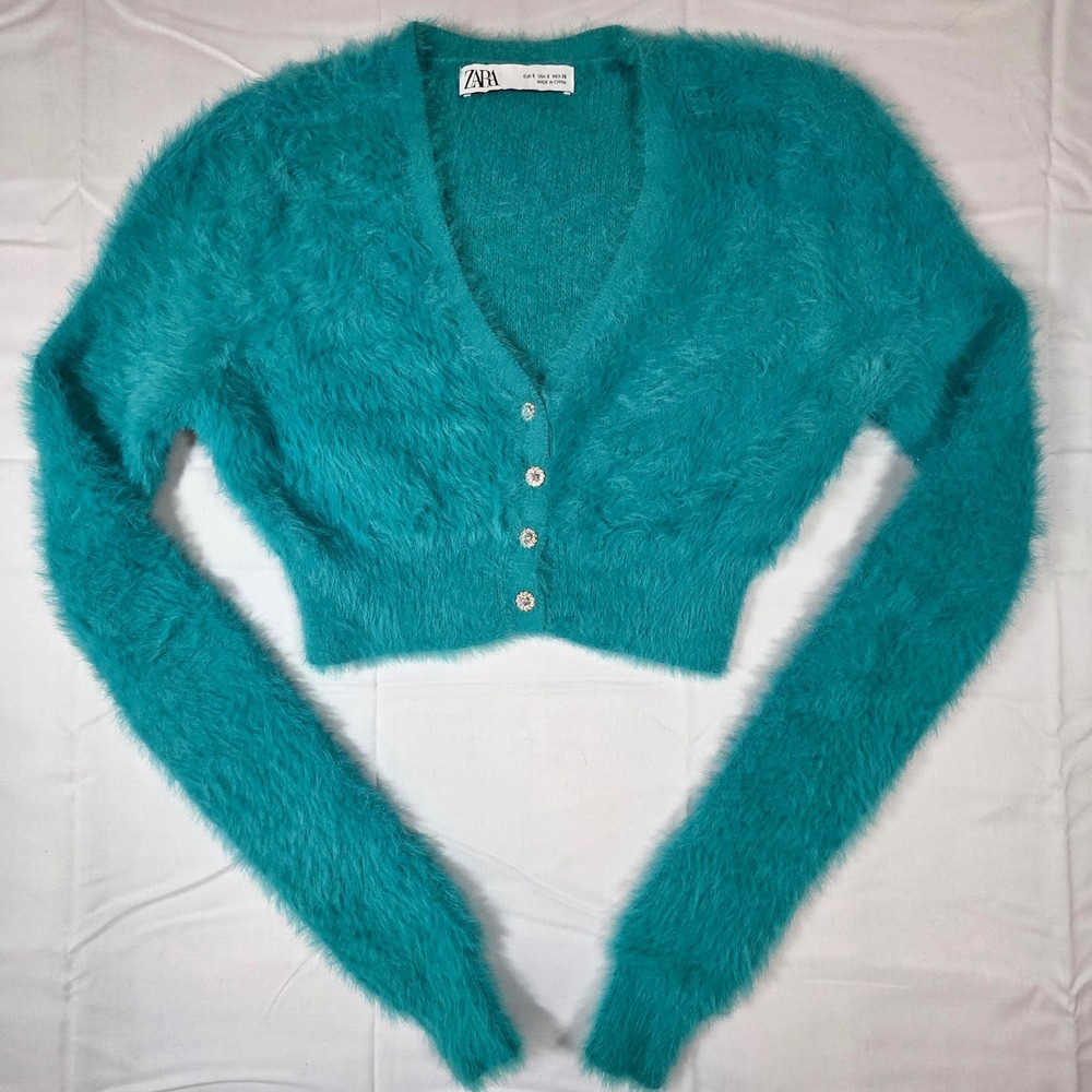 Zara Womens Teal Fuzzy Cropped Cardigan Rhinestone Button V-Neck Sweater Small